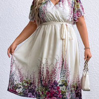 Plus Size Floral Tie Waist Surplice Neck Dress