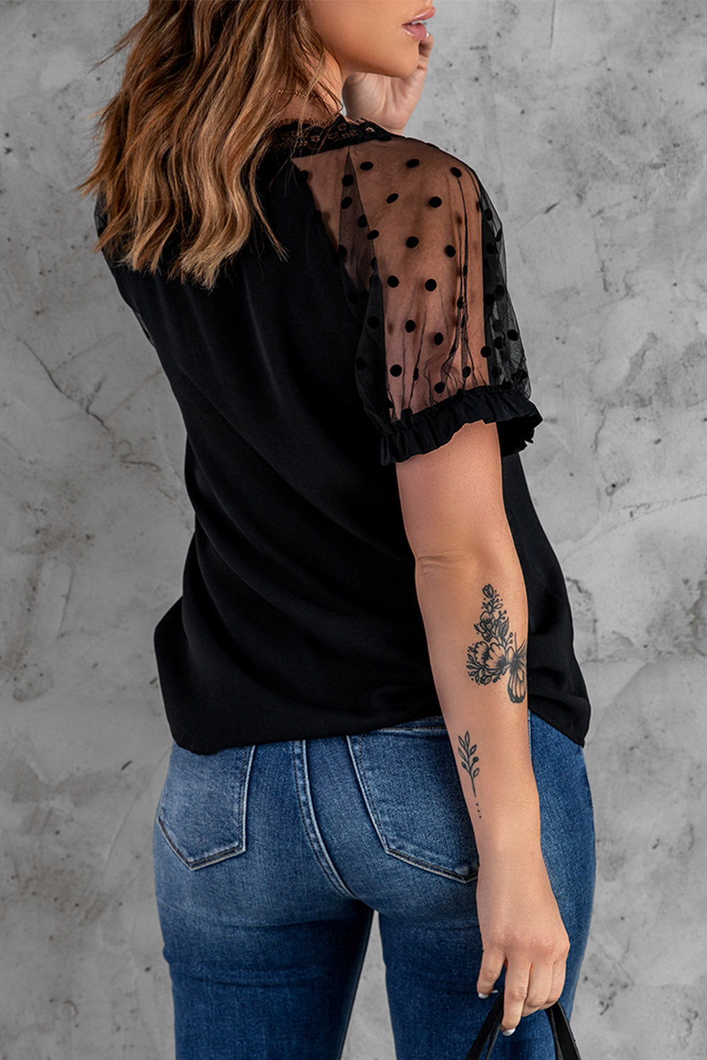 Polka Dot Lace Trim Spliced Mesh Blouse