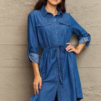 Ninexis Collared Neck Tie Waist Denim Dress