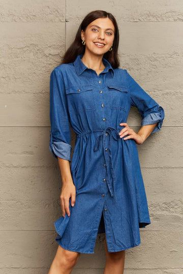 Ninexis Collared Neck Tie Waist Denim Dress