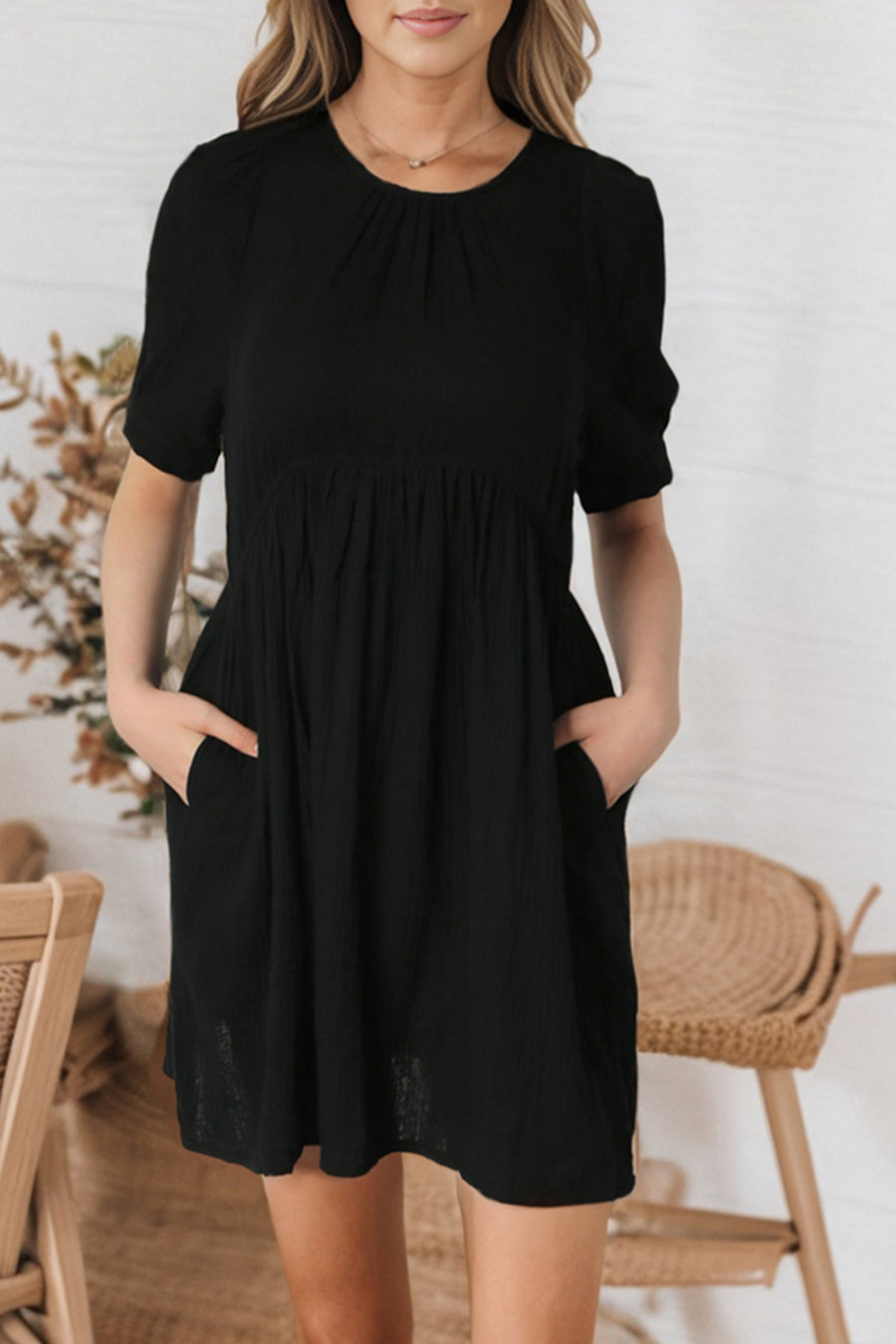 Round Neck Puff Sleeve Dress with Pockets