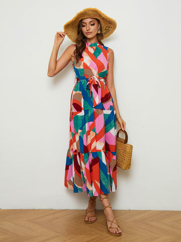 Geometric Print Tie-Waist Mock Neck Tiered Dress