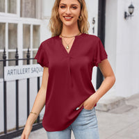 Notched Neck Flutter Sleeve Satin Top