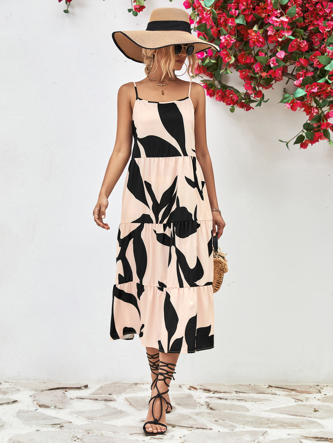 Printed Spaghetti Strap Tiered Midi Dress