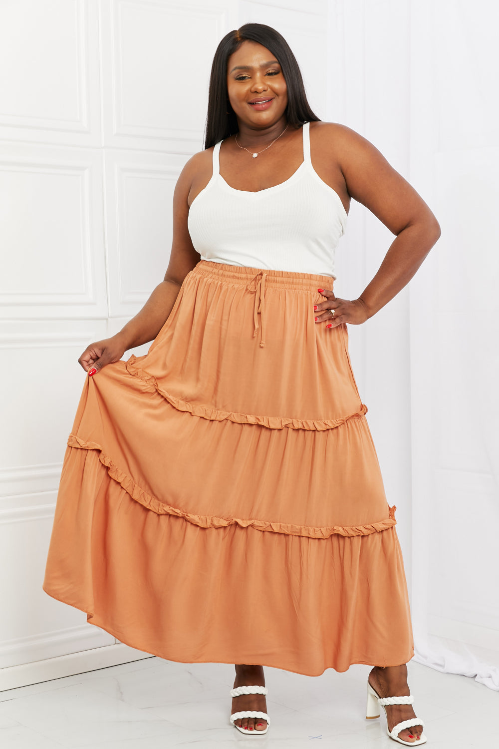 Zenana Summer Days Full Size Ruffled Maxi Skirt in Butter Orange