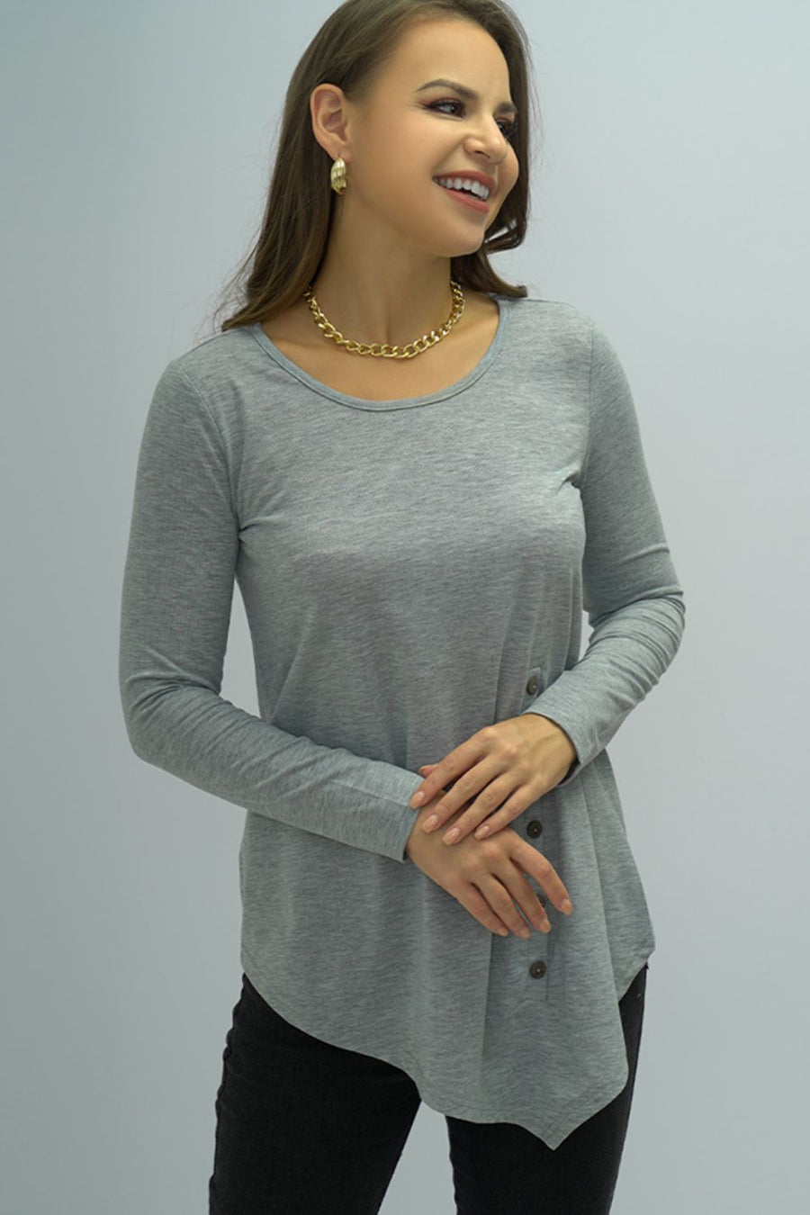 Buttoned Long Sleeve Round Neck Top