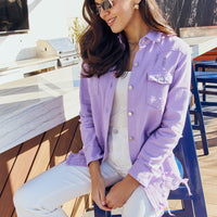 American Bazi Full Size Distressed Button Down Denim Jacket in Lavender