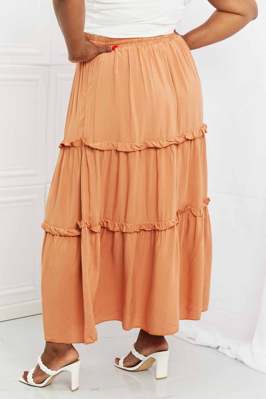 Zenana Summer Days Full Size Ruffled Maxi Skirt in Butter Orange