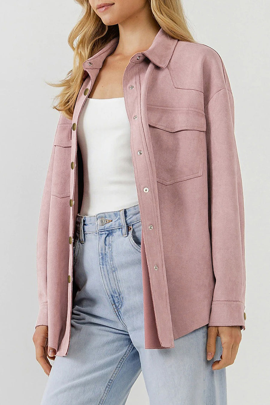 Suede Snap Front Dropped Shoulder Shirt Jacket