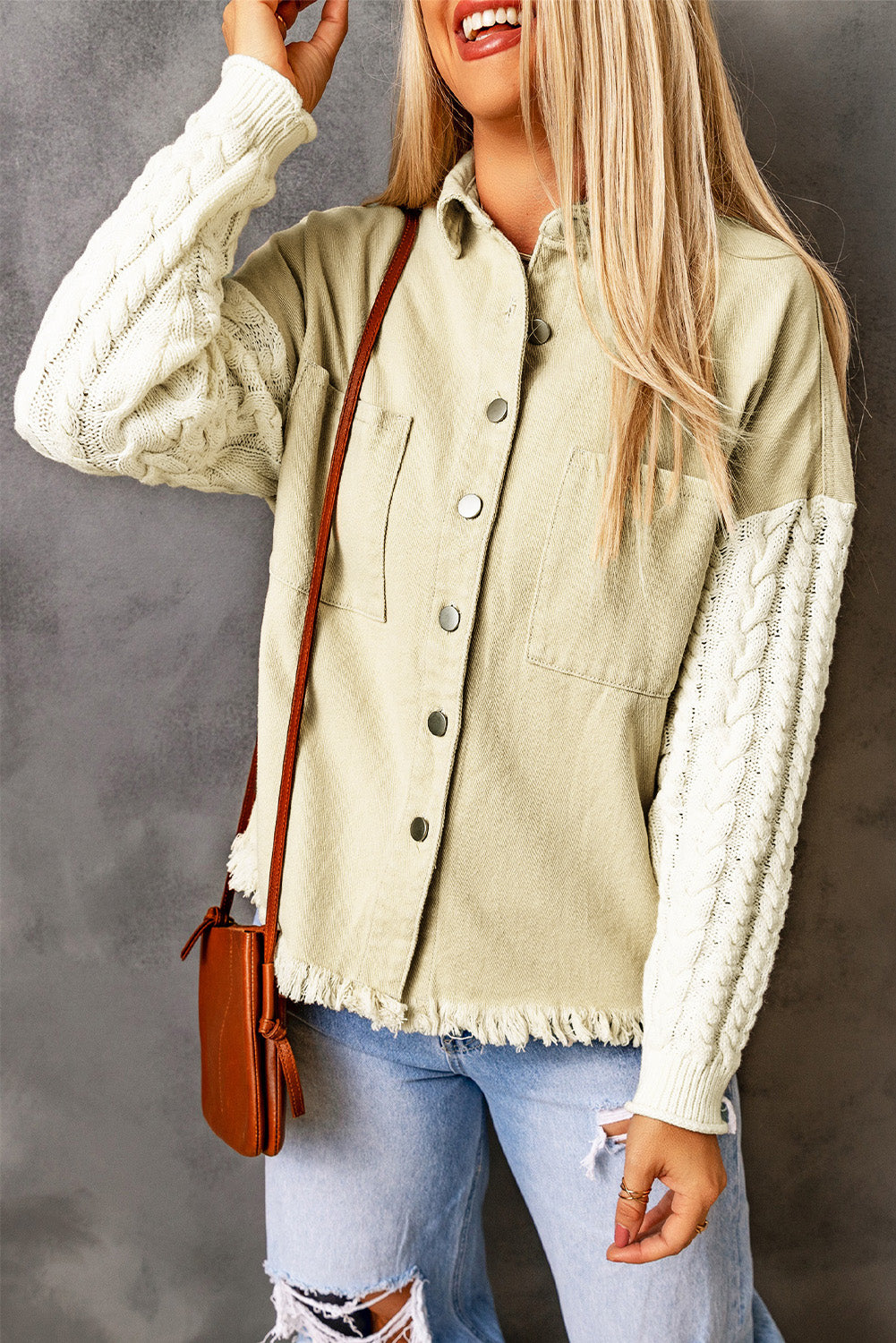 Cable-Knit Fringe Hem Button Down Spliced Jacket