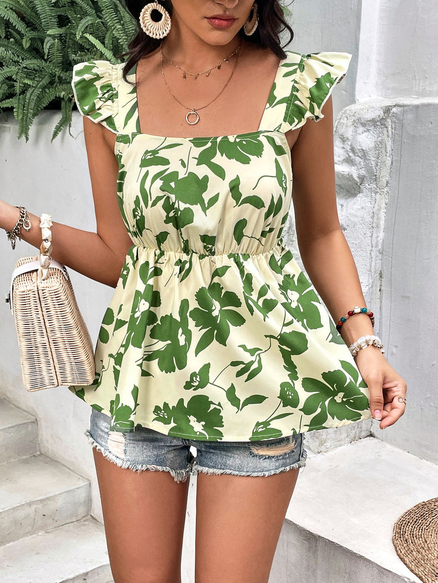 Tied Cutout Square Neck Butterfly Sleeve Babydoll Blouse