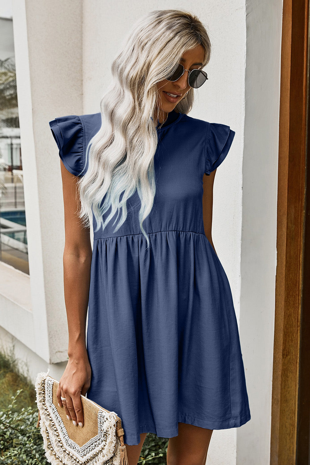 Flutter Sleeve Ruched Mini Dress