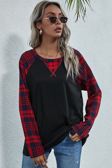 Plaid Print Long Raglan Sleeve Tee