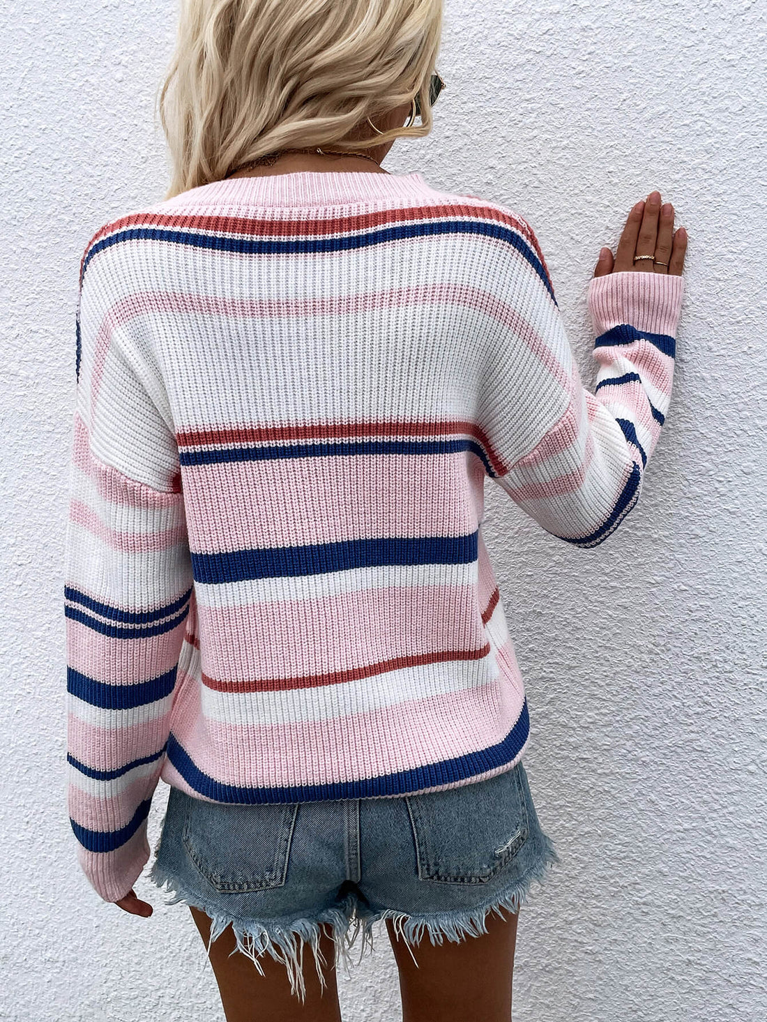 Striped Drop Shoulder Round Neck Pullover Sweater