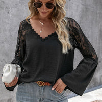 V-Neck Spliced Lace Flare Sleeve Top