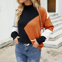 Color Block Mock Neck Ribbed Trim Sweater