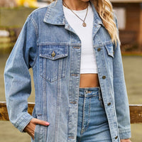 Buttoned Collared Neck Denim Jacket with Pockets