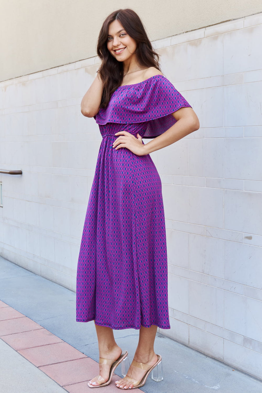 e.Luna My Best Angle Geometric Pattern Off The Shoulder Midi Dress in Purple