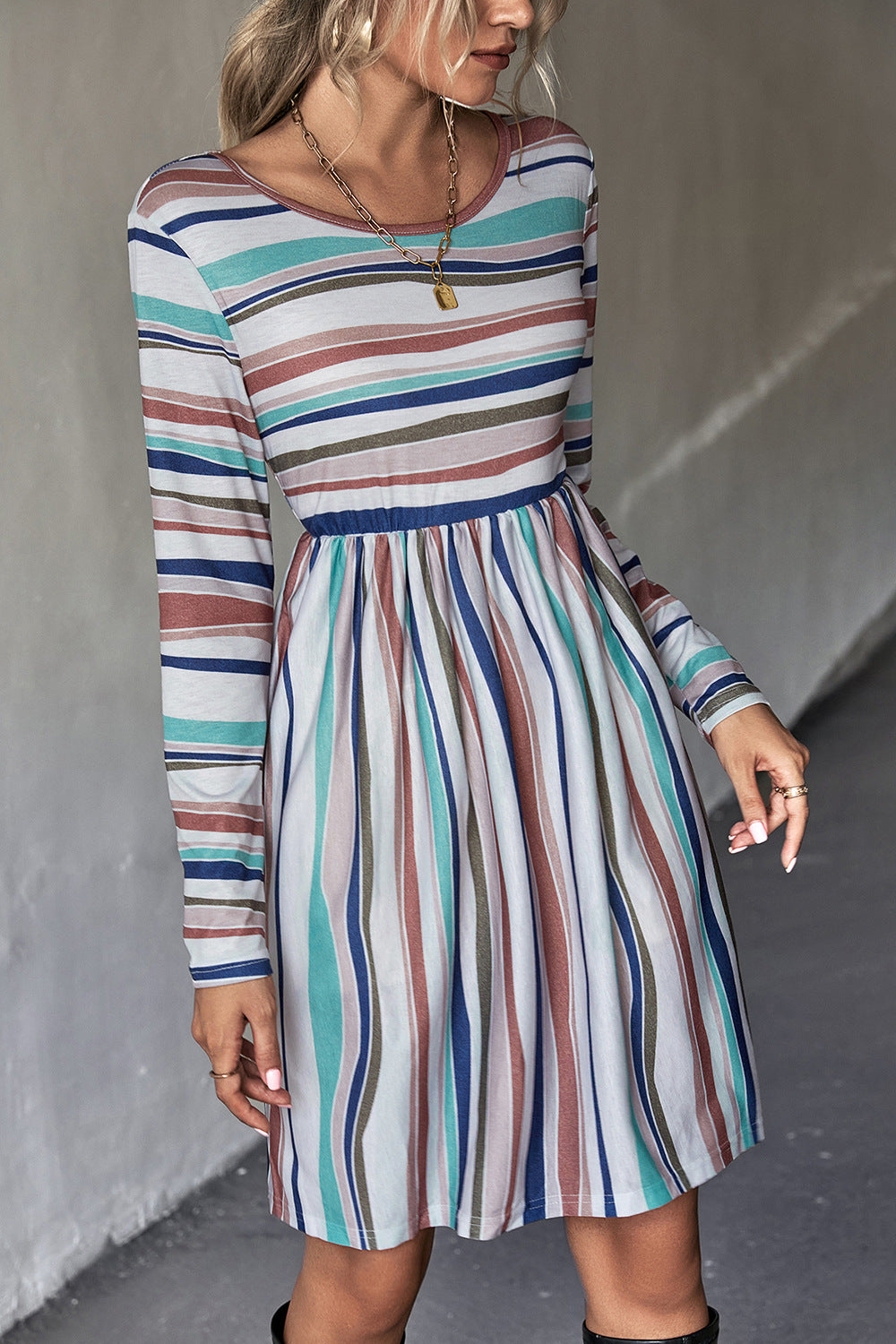 Striped Round Neck Long Sleeve Tee Dress