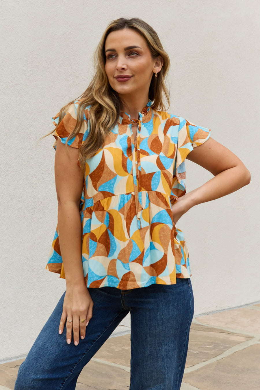 And The Why Full Size Printed Ruffle Baby Doll Top