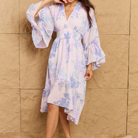 OneTheLand Take Me With You Floral Bell Sleeve Midi Dress in Blue