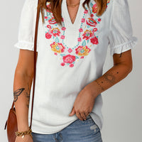 Embroidered Notched Neck Flounce Sleeve Top