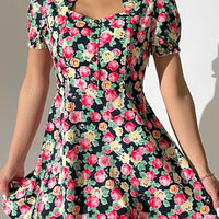 Floral Buttoned Cutout Puff Sleeve Dress