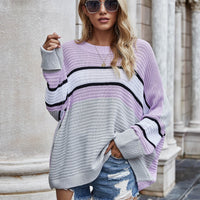 Striped Horizontal Ribbing Long Sleeve Tunic Sweater