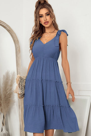 Tie Shoulder V-Neck Tiered Dress