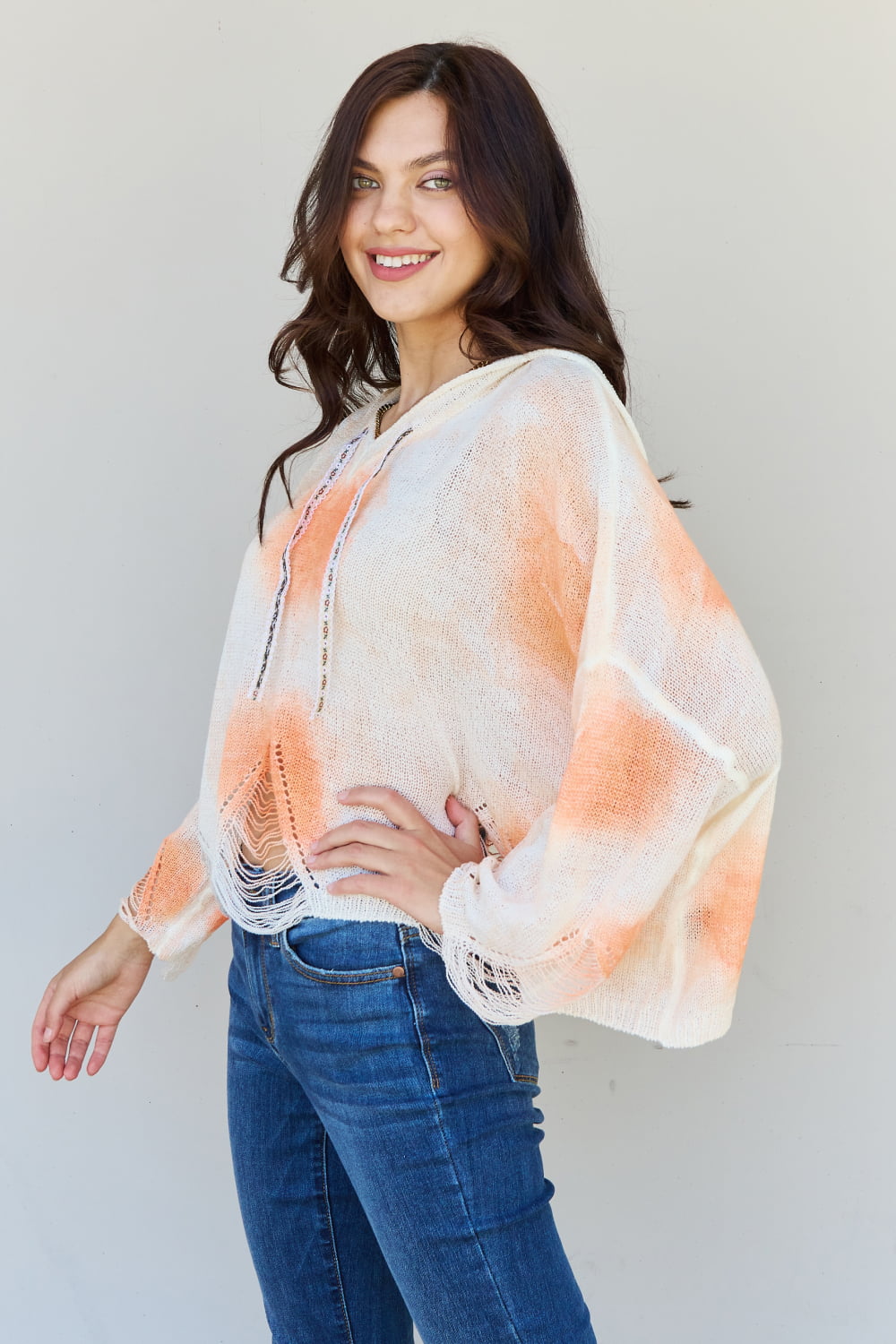 POL Mix It Up Tie Dye Hooded Distressed Sweater in Ivory/Orange