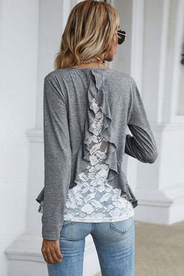 Spliced Lace Ruffled Long Sleeve Tee