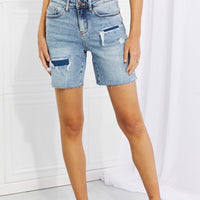 Judy Blue Hallie Mid-Length Denim Patch Shorts