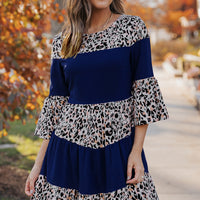 Animal Print Color Block Flare Sleeve Dress