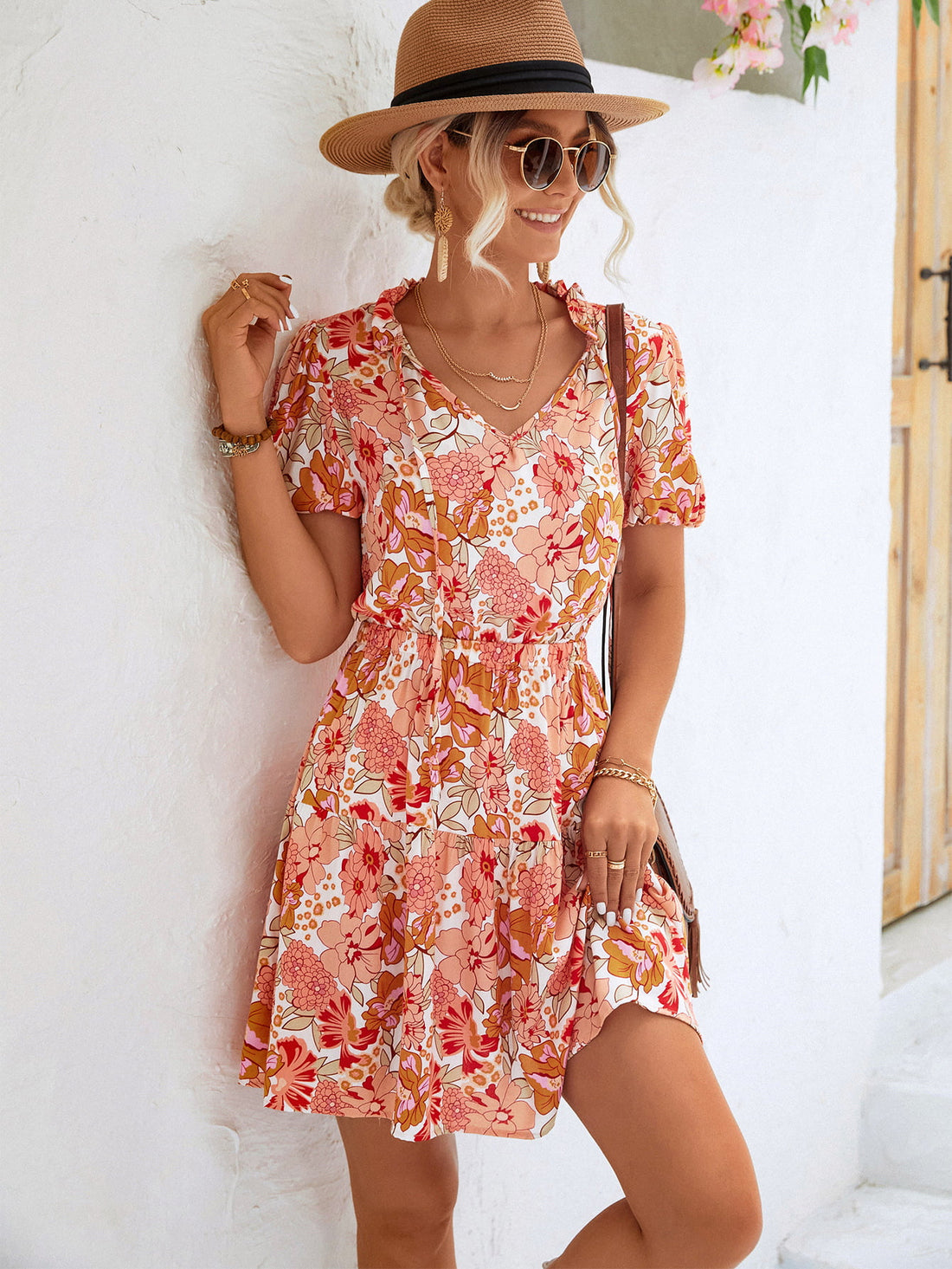 Floral Tie Neck Puff Sleeve Tiered Dress