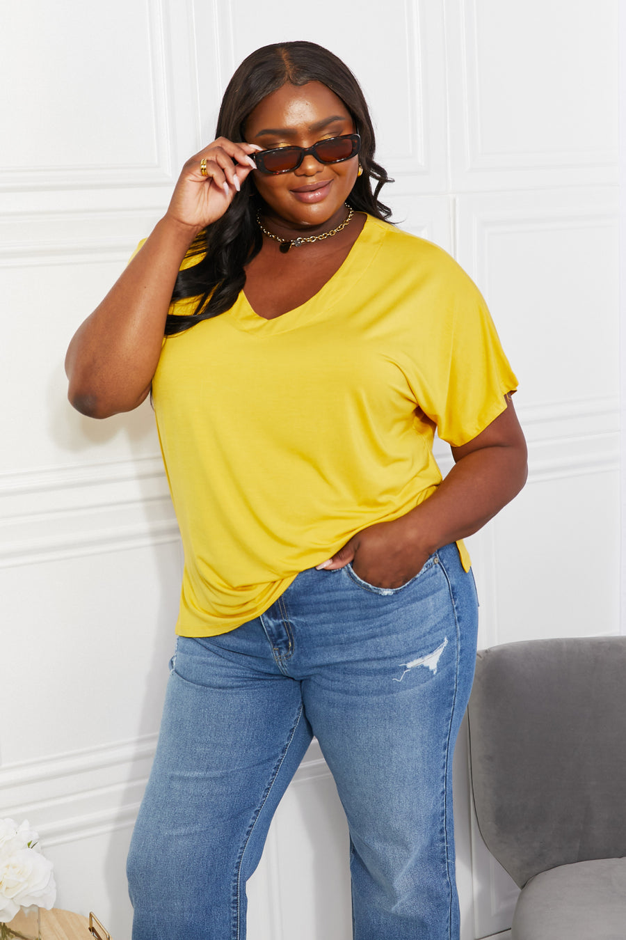 Yelete Full Size V-Neck Side Slit Tee