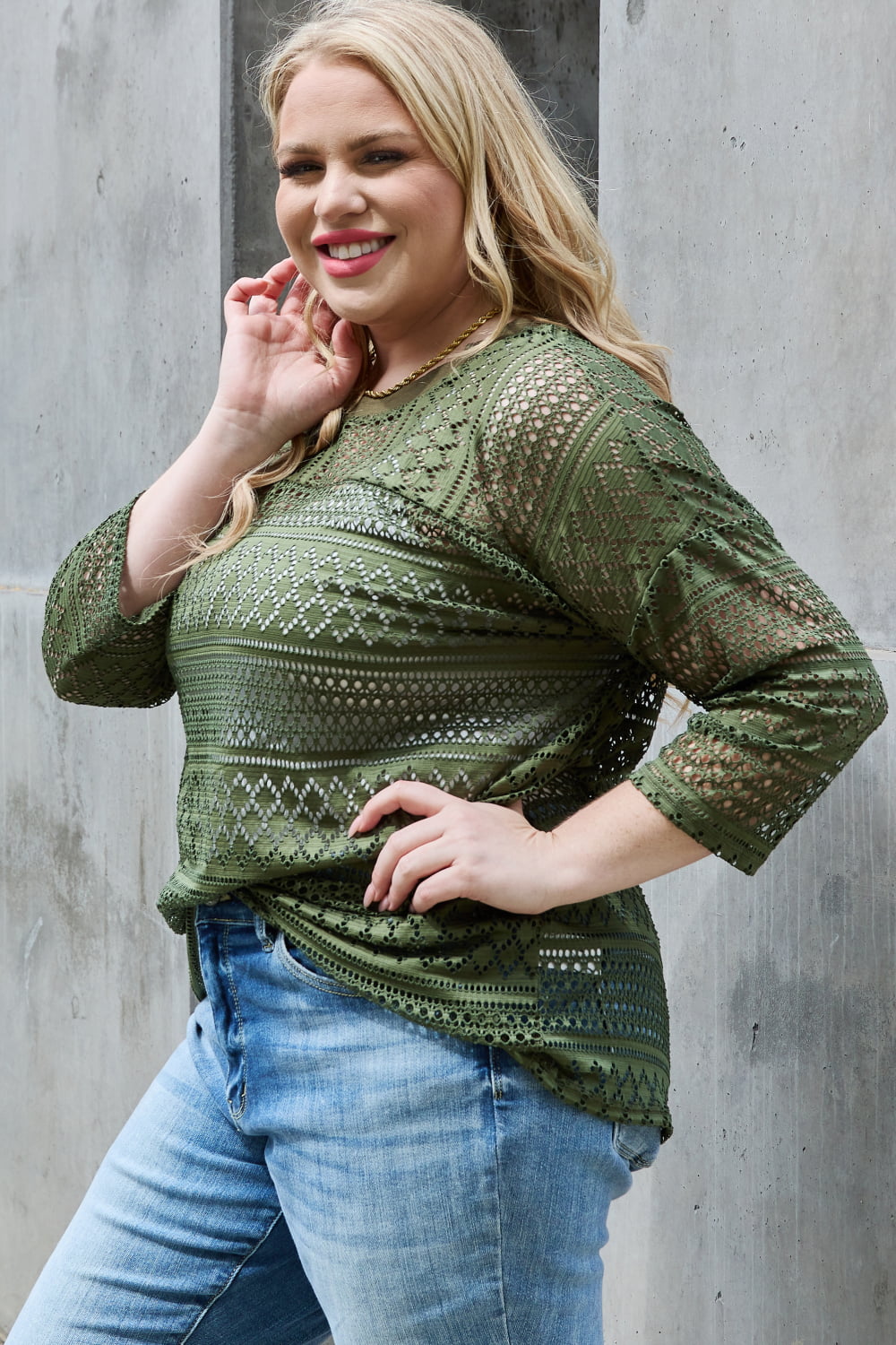 Celeste Sunday Feeling Full Size Lace Round Neck Top in Olive