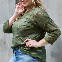 Celeste Sunday Feeling Full Size Lace Round Neck Top in Olive