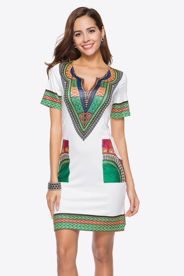 Full Size Printed Notched Neck Short Sleeve Mini Dress