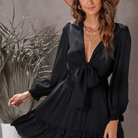 Tied Plunge Smocked Waist Flounce Sleeve Dress