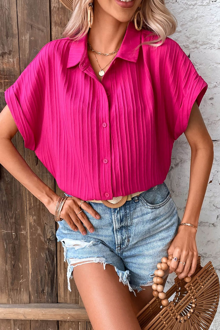 Textured Button-Up Cuffed Dolman Sleeve Shirt