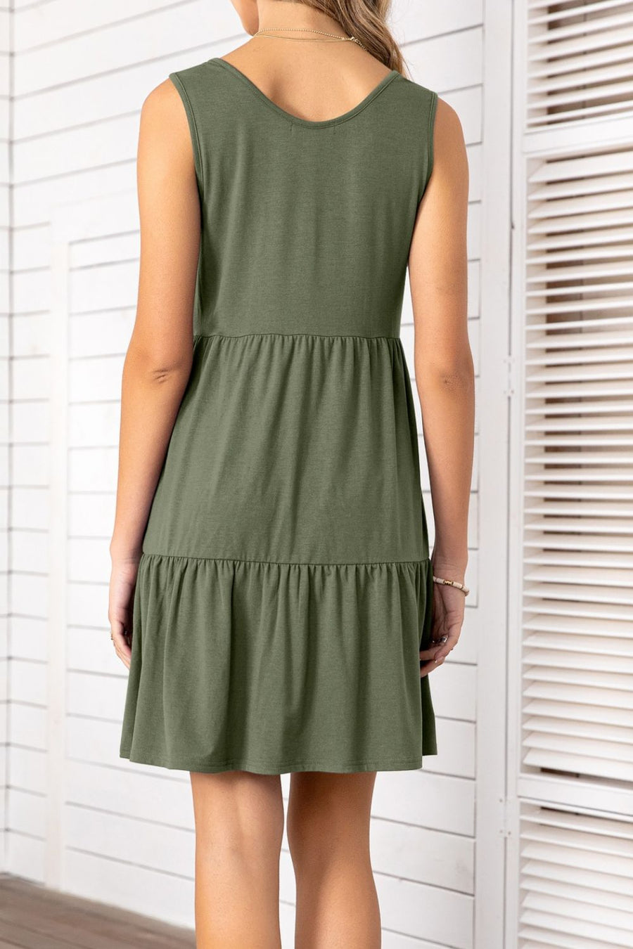 Decorative Button Scoop Neck Sleeveless Tiered Dress