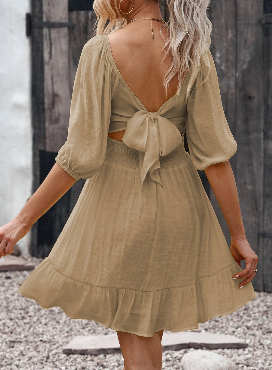 Tie-Back Ruffled Hem Square Neck Mini Dress