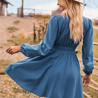 V-Neck Long Sleeve Smocked Waist Mini Dress