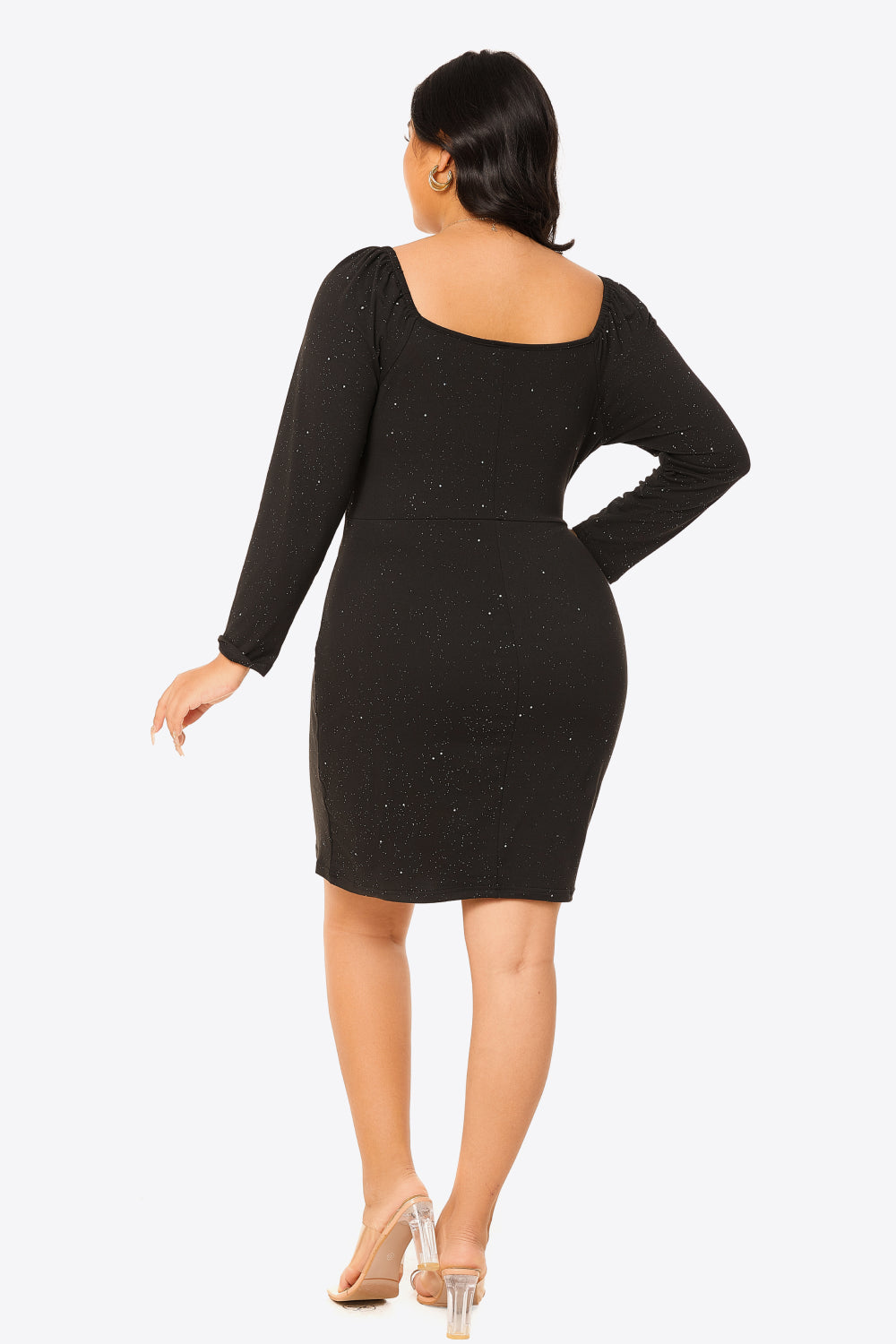 Plus Size Glitter Sweetheart Neck Long Sleeve Dress