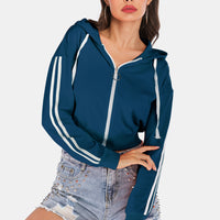 Side Stripe Drawstring Cropped Hooded Jacket