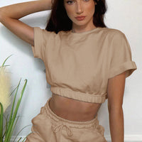 Short Sleeve Cropped Top and Drawstring Shorts Lounge Set