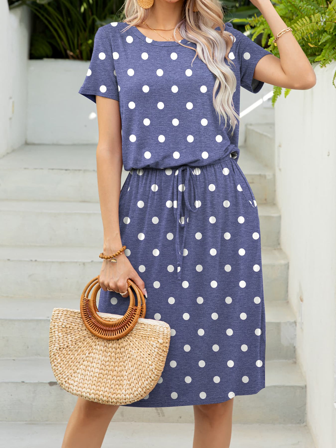 Round Neck Short Sleeve Slit Dress with Pockets