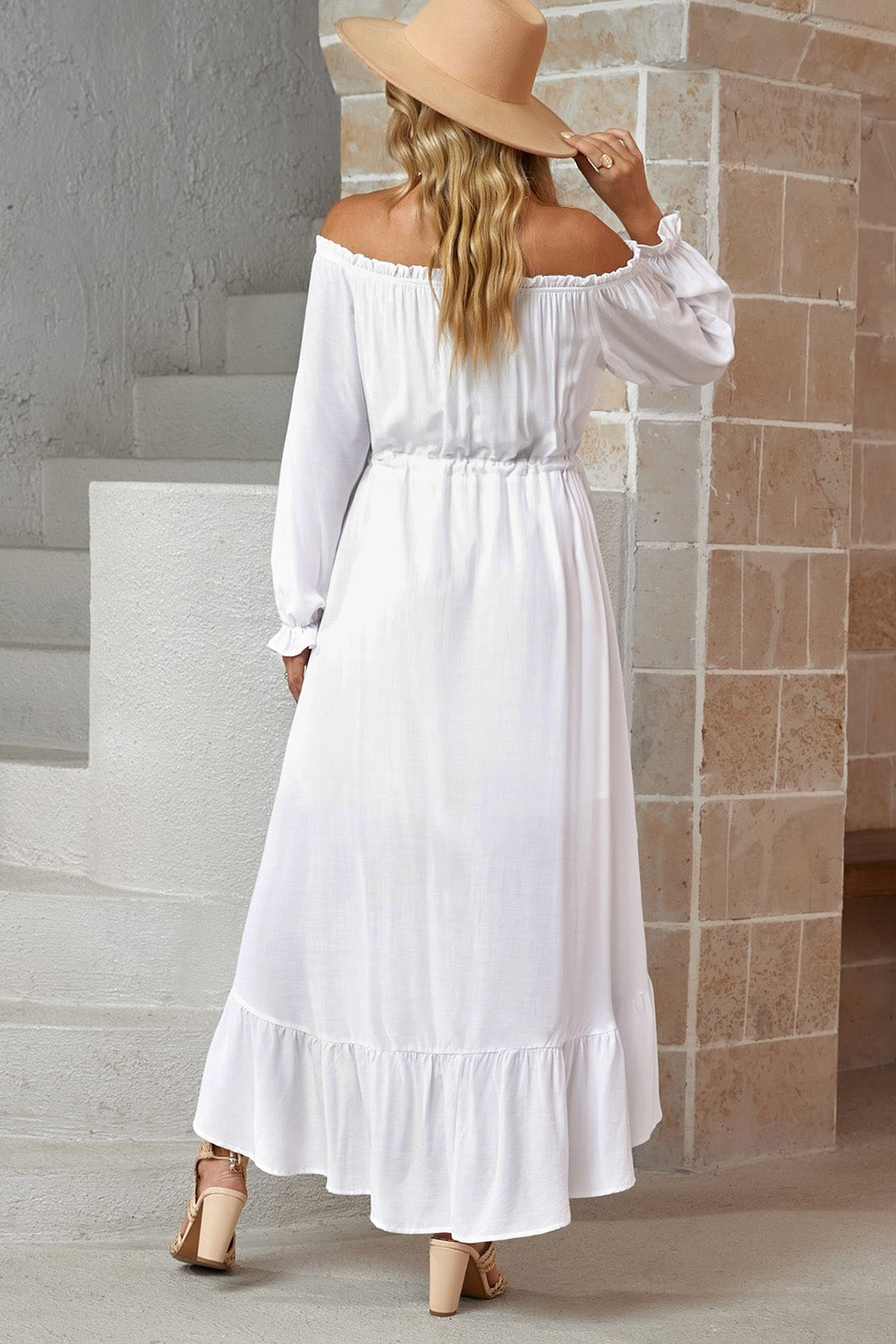 Decorative Button Ruffled High-Low Off-Shoulder Dress