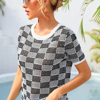 Checkered Short Sleeve Knit Top