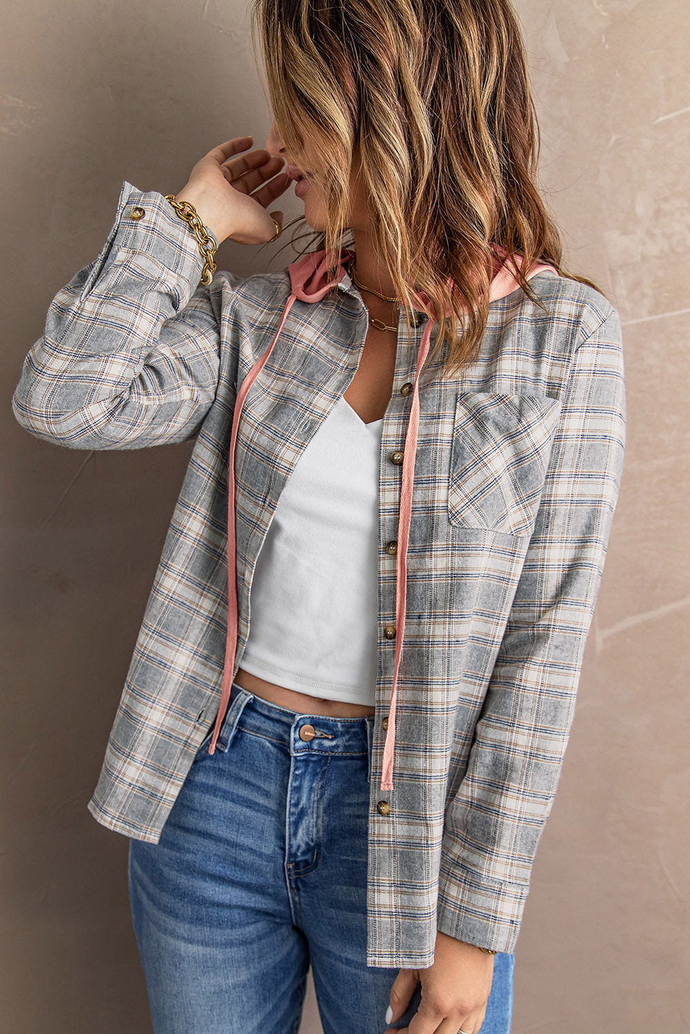 Plaid Drawstring Hooded Shacket